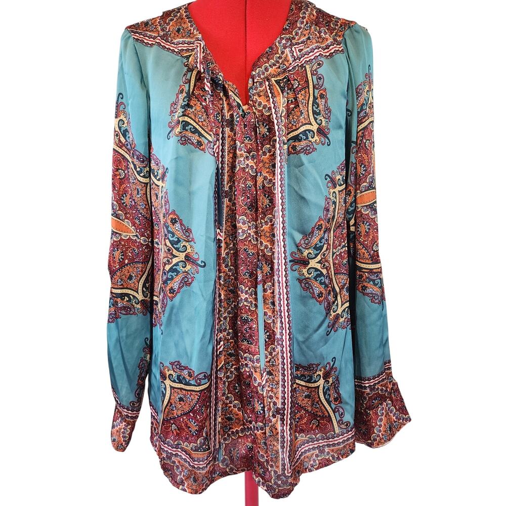 NY Collections  Blue Teal Boho Peasant Silky Long Sleeve Blouse Size XL